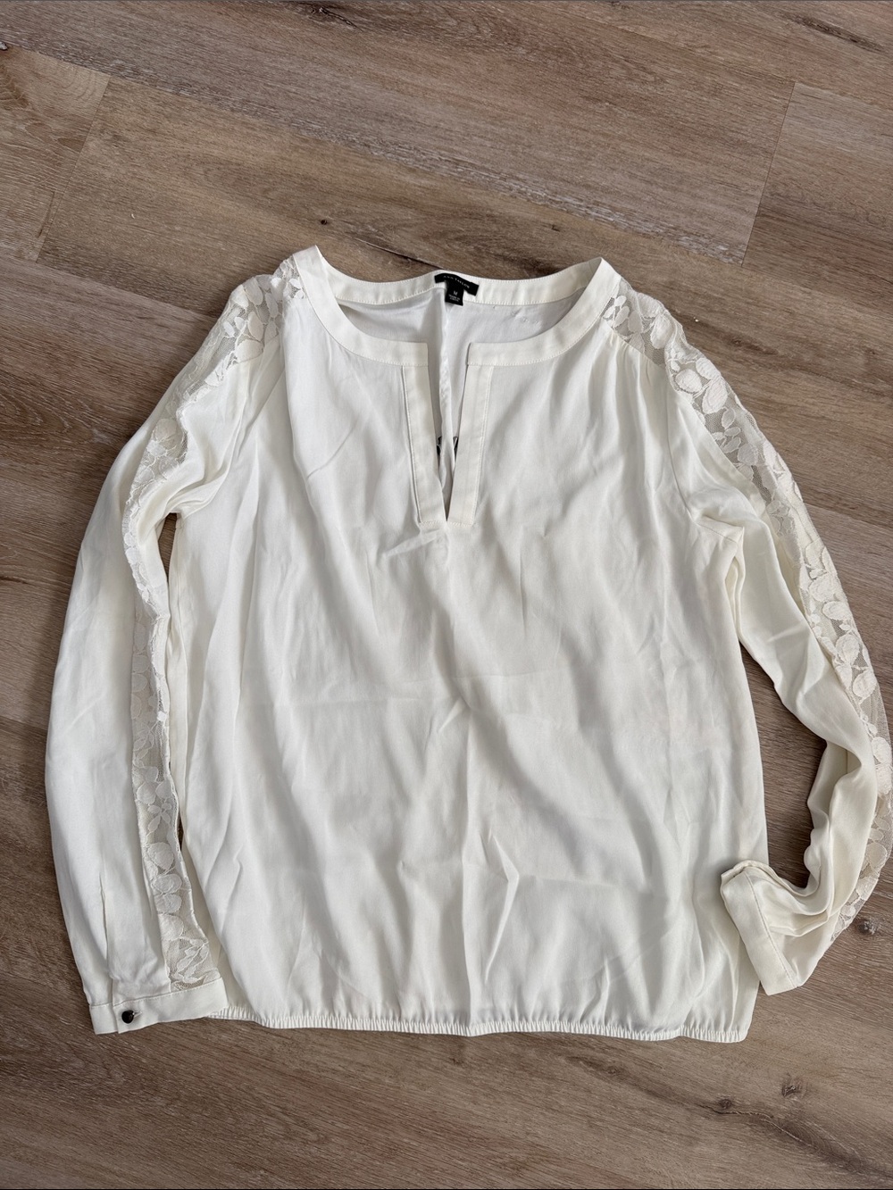Ann Taylor Cream Lace-Trim Long Sleeve Blouse